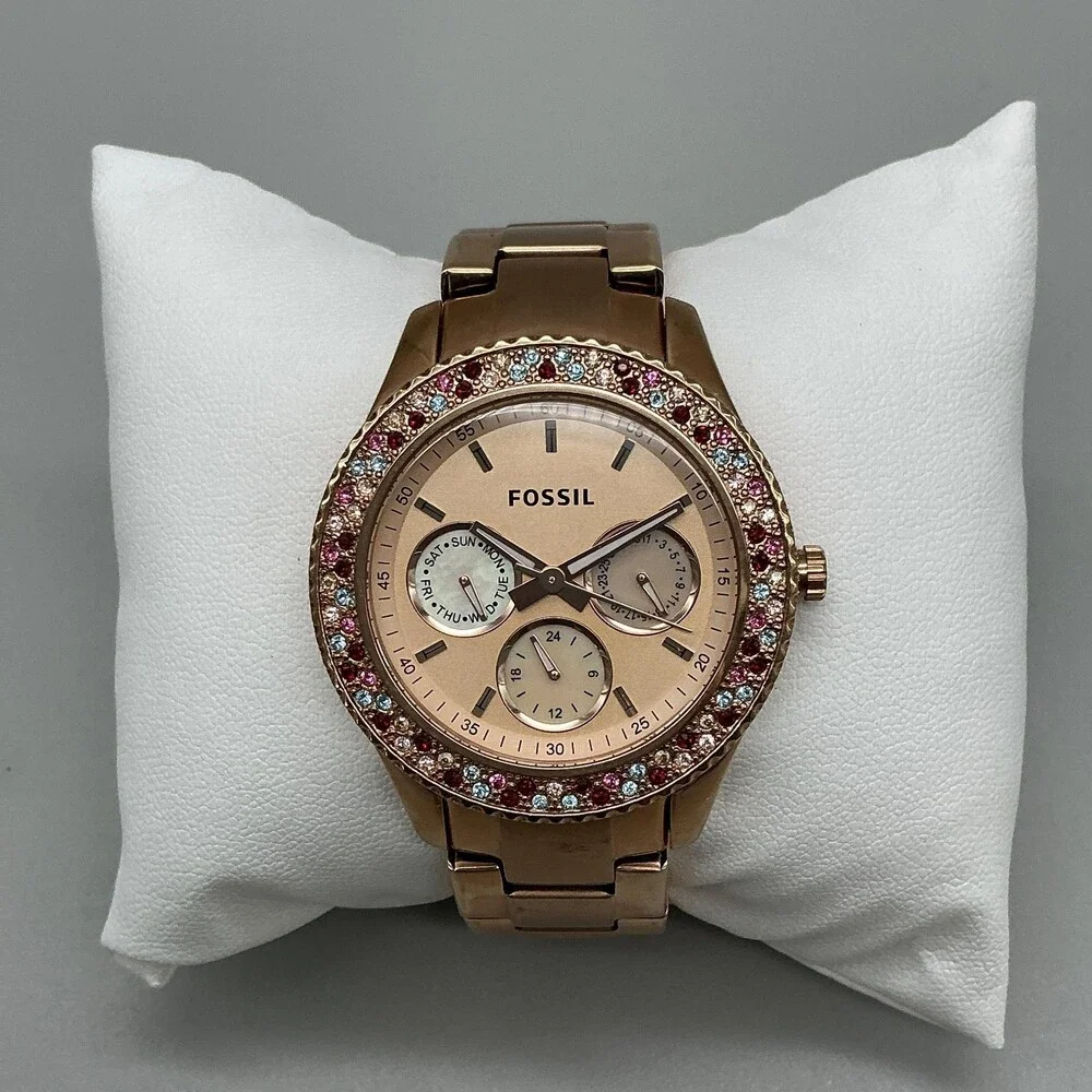 Fossil ES3198 Womens Watch 38mm Rose Gold Tone Crystal Day Date New Battery 6.5
